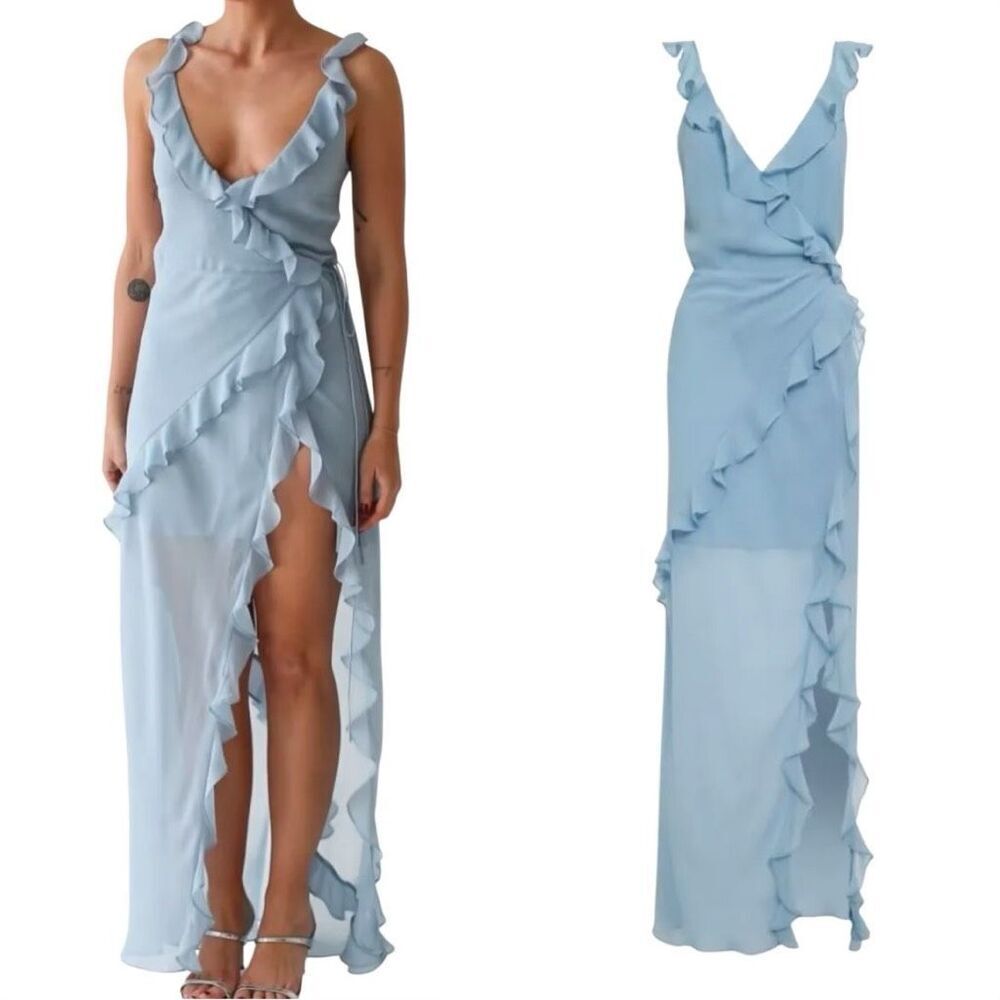 Rumored Just Like Heaven Maxi Long Dress SMALL Angel Falls Blue Coverup Sheer